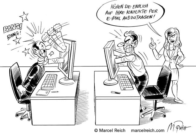 Konflikte nie per E-Mail austragen. Cartoon. Publikation: Rieter, Leadership Manual.