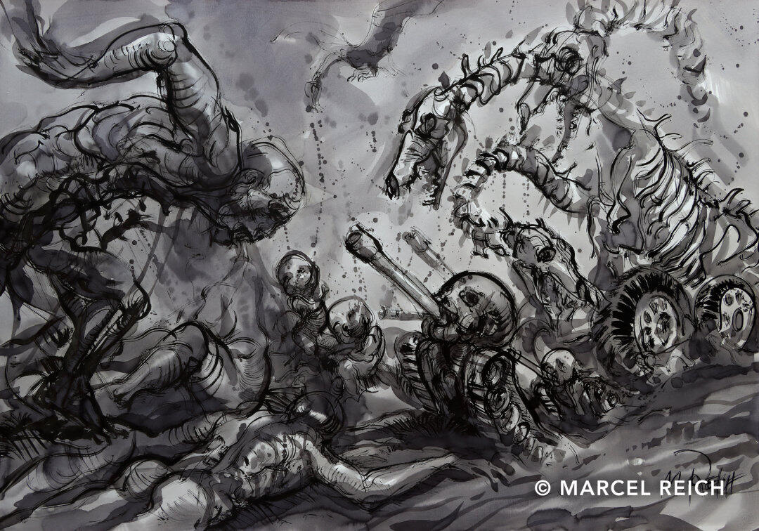 Epic large ink battle painting in black and white of a surreal war with human-machine tanks and giant dinosaur-like skeletons.