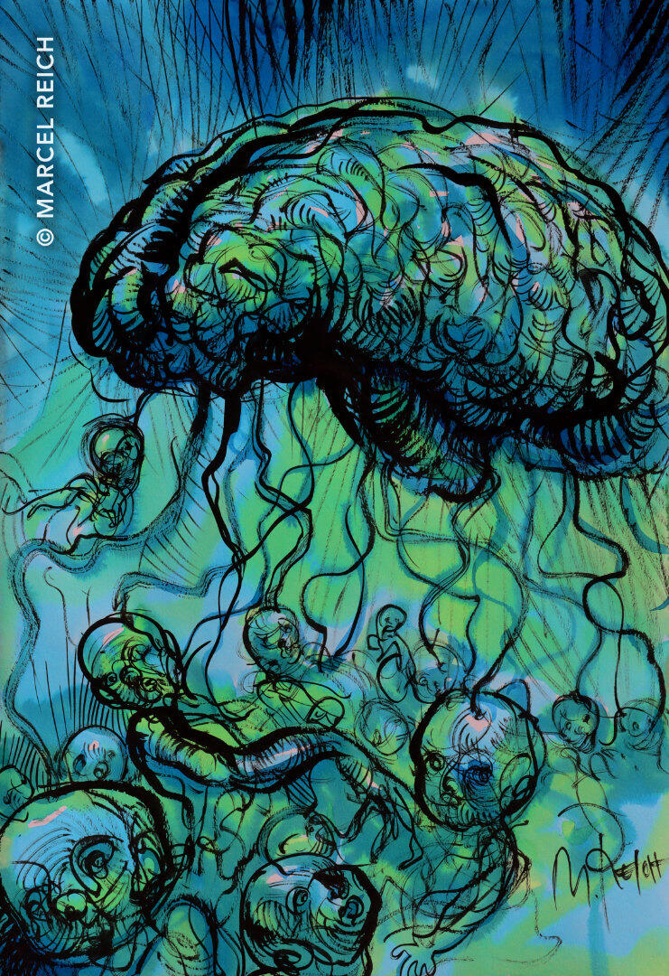 Turquoise ink artwork of an Orwellian superbrain dominating a helpless, technologically enslaved crowd of humanity.