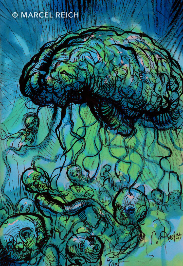 Turquoise ink artwork of an Orwellian superbrain dominating a helpless, technologically enslaved crowd of humanity.