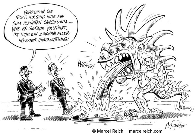 Interkulturelle Zusammenarbeit - Was europäischen Managern in fremden Kulturen Schwierigkeiten bereitet. Cartoon. Publikation: Rieter, Leadership Manual.