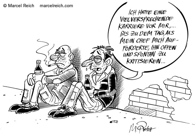 Kritik am Chef - Führungskräfte sollten Mitarbeitergespräche zur persönlichen Weiterentwicklung nutzen. Fordern Sie Ihre Mitarbeiter auf, offen und spontan Ihr Führungsverhalten zu kritisieren! Cartoon. Publikation: Rieter Jahreskalender.