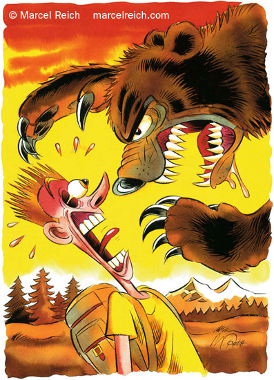 Bären Attacke. Cartoon für das Dokumentations-Zentrum für zeitgenössische Illustration in Branzoll, Südtirol. Mit dieser Zeichnung wurde der Künstler im Jahre 2001 in das Lexikon der zeitgenössischen Illustratoren aufgenommen.