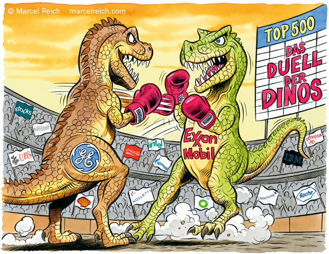 Unternehmens-Dinosaurier - Kampf der Giganten. Cartoon zu einem Artikel im Schweizer Anleger Magazin 