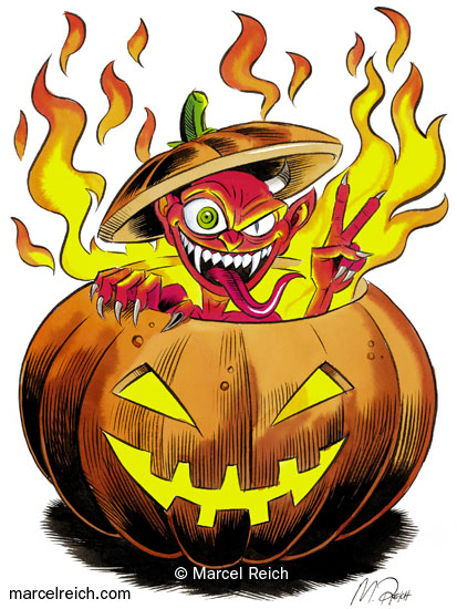 Der Teufel im Kürbis. Halloween Party. Illustration für Plakat und Einladungskarte. Kunde: McCann-Erickson Opel Group Zürich.