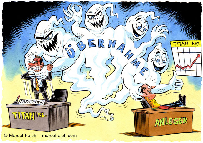Feindliche Firmenübernahme. Keine Angst vor neuen Geistern. Cartoon zu einem Artikel im Schweizer Anleger Magazin 