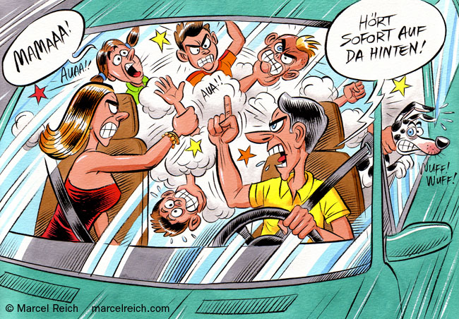Cartoon Zürich. Ablenkungen beim Autofahren. Illustration für eine Kampagne der Stadtpolizei Zürich zur Prävention von Verkehrsunfällen.