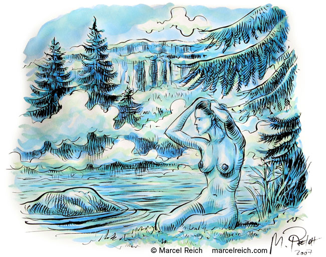 Die Waldfee am Crestasee. Illustration für ein Buchprojekt über die Märchen und Sagen der Bergregion rund um den Flimserstein (Graubünden).