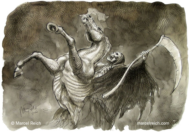 Der Sensenmann zu Pferd. Fantasy-Illustration. Technik: Tusche-Aquarell