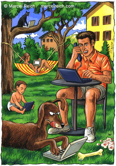 Gartenarbeit. Illustration für einen Artikel über tragbare Computer wie Laptops, Notebooks und Palmtops. Kunde: Die Zeitung 