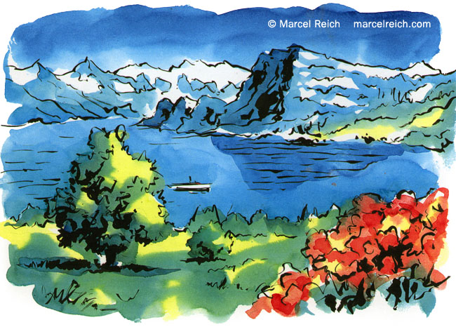 Pilatus und Rigi als Nachbarn. Illustration für ein Inserat. Thema: Verkauf von Bauland mit Blick auf den Vierwaldstättersee, Schweiz. Kunde: KPMG Treuhand, Schweiz.