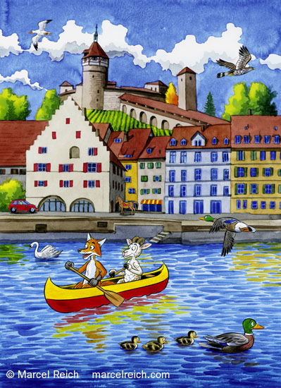 Max & Schnuff. Kanufahrt auf dem Rhein in Schaffhausen. Illustration für die Kinderbeilage zur Image-Broschüre 